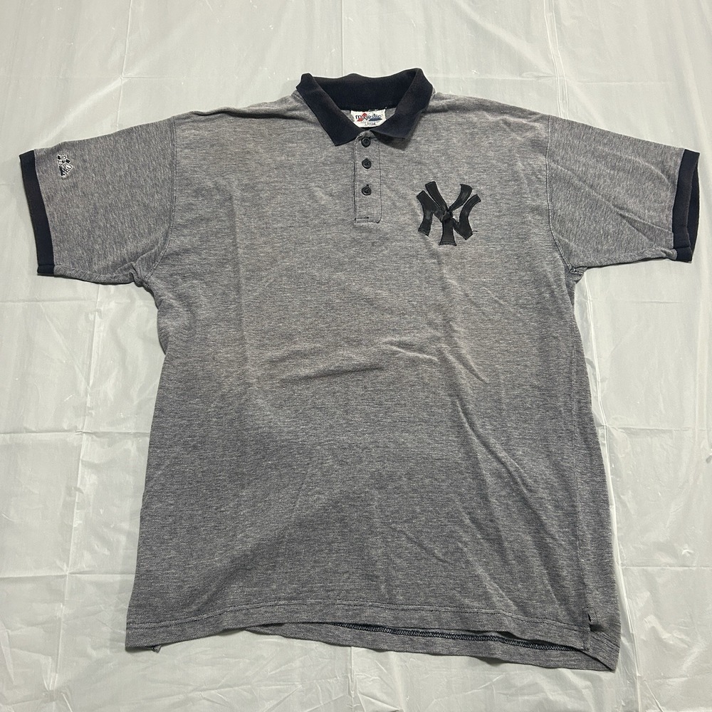 Vintage Majestic New York Yankees Polo Shirt Men's Large Blue Cuffed